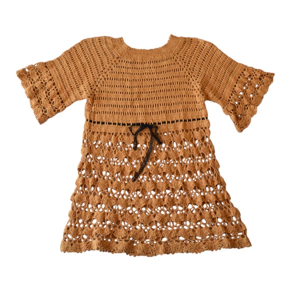 Mustard Yellow Boho Crochet Tunic Top – Open-Knit, Women’s Size Small